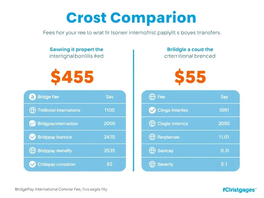 An image illustrating a cost comparison chart showing Bridgepay International's fees versus traditional banking fees for international money transfers, highlighting the cost savings.