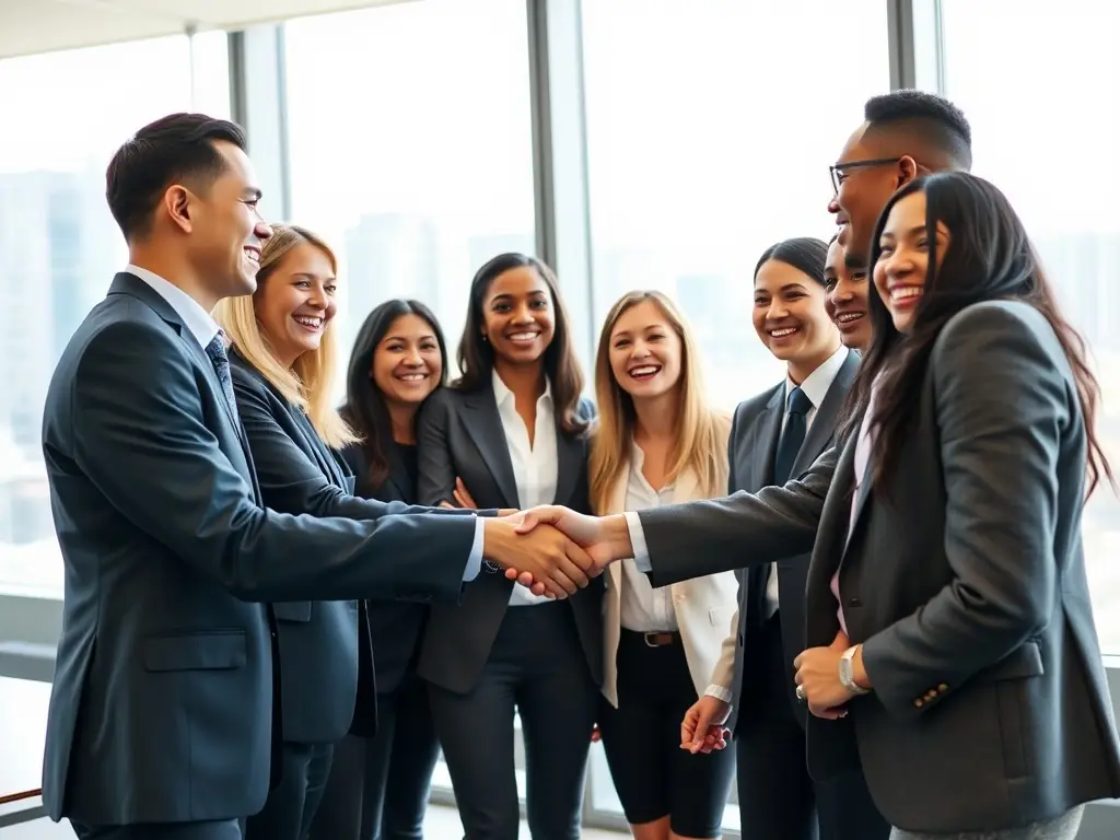 An image depicting a diverse group of business people from different countries shaking hands over a table with financial charts in the background, symbolizing global business partnerships facilitated by international money transfers.